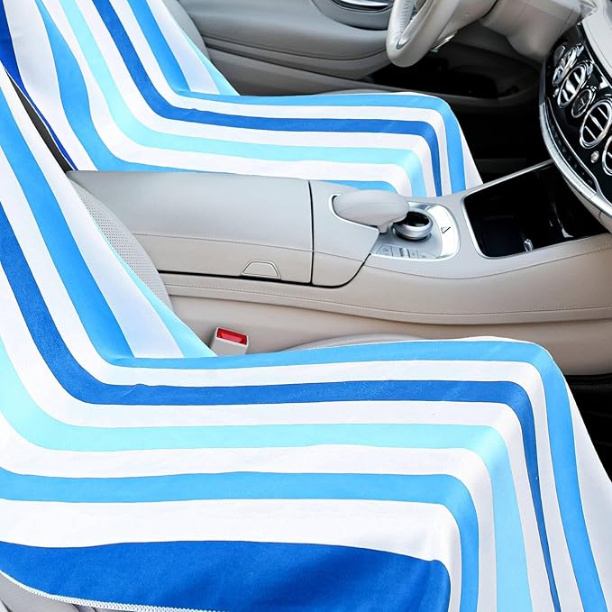 Hahafelt 2 Pack Car Seat Towel Covers with Storage Bag 63 x 32 Inch Athletic Running Towel Seat Sweat Washable Non Slip Cover Gift for Car Outdoor Sport Activities (Blue Vertical Stripes)