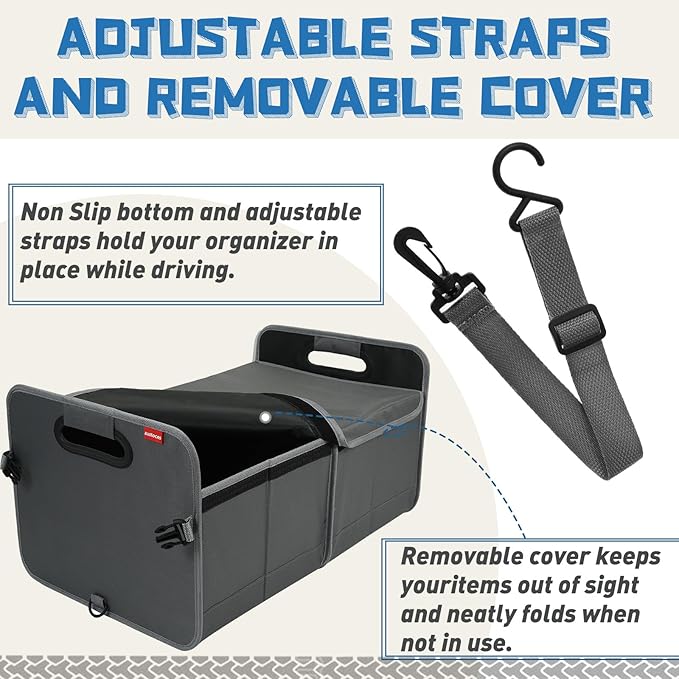 Car Trunk Organizer With Soft Cover and Storage Bin Essentials Collapsible Organization Accessories for SUV/Sedan Grey