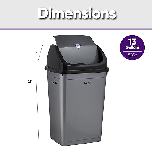 Superio Kitchen Trash Can 13 Gallon with Swing Lid, Plastic Tall Garbage Can Outdoor and Indoor, Large 52 Qt Recycle Bin and Waste Basket for Home, Office, Garage, Patio, Restaurant (2, Grey)