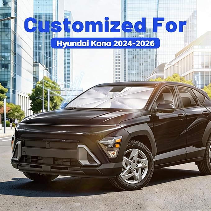 Car Windshield Sun Shade for Hyundai Kona 2024-2026 –[Reflective Coated Fabric] Sunshade Umbrella for Front Window, Car Shades Sun Visor Keep Car Cool and Protects Interior, 1:1 Exact Fit