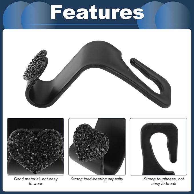 Car Seat Headrest Hook Interior Accessories for Most Car, SUV, Truck Car Seat Back Organizer Hooks Plastic Rhinestone Sturdy Black 2.4"x1.26"