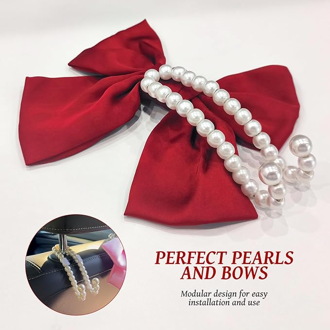 2 PCS Bow Pearl Car Seat Headrest Hook – Cute Purse Hook for Car, Girly Interior Decoration Accessories Hook Hanger, Seatback Holder for Purses & Bags, Elegant Car Organizer (Red)