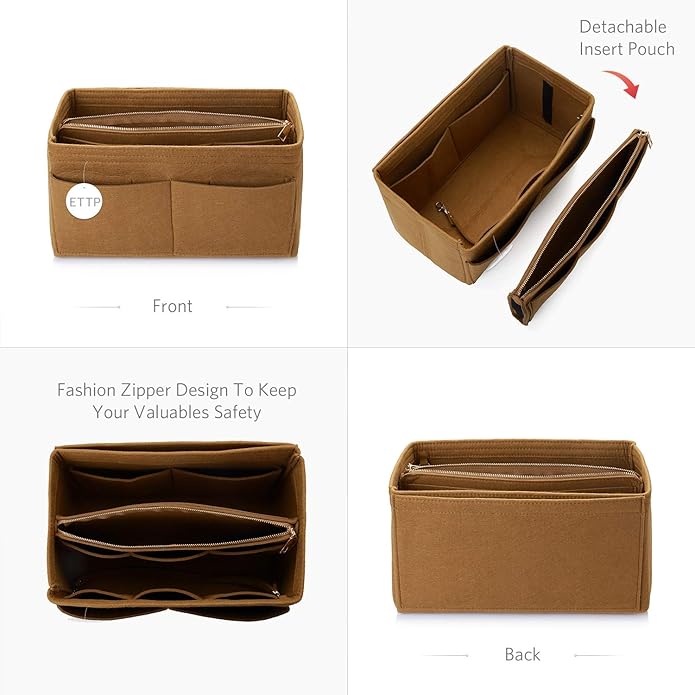 Purse Organizer Insert, Felt Tote Organizer Insert With Metal Zipper, Handbag Organizer For Speedy, Neverfull, Tote, Handbag, 7 Colors 5 Sizes