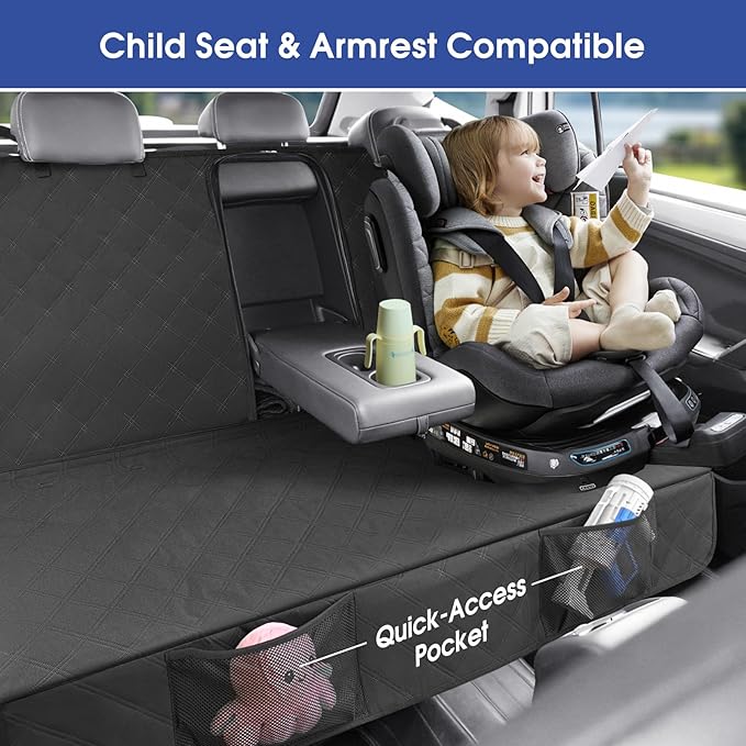 ALLANSING Upgraded 900D Heavy Duty Dog Back Bench Seat Cover, Car Seat Protector, Fits Compact Cars & SUVs, 3 Seatbelts & Armrest Compatible, Waterproof Nonslip Pet Backseat Cover for Dogs & Kids