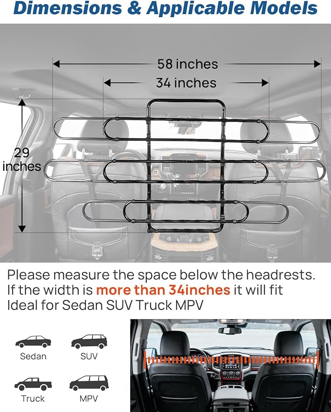 JOYTUTUS Dog Car Barrier, Pet Barrier Follow the Seat Movement 34"- 58" Width Adjustable SUV Dog Barrier for Back Seat, Vehicle Gate Heavy Duty, Ideal for Sedans SUVs Trucks MPVs