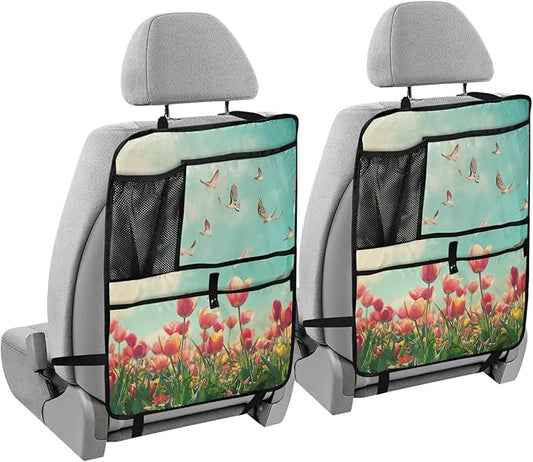 Beautiful Spring Tulips and Herringbone Birds 2 Pack Backseat Car Organizer with Storage Pockets Seat Back Organizers for Kids Kick Mats Backseat Protector Automotive