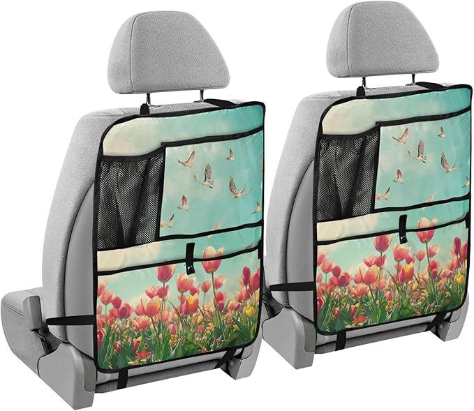 Beautiful Spring Tulips and Herringbone Birds 1 Pack Backseat Car Organizer with Storage Pockets Seat Back Organizers for Kids Kick Mats Backseat Protector Automotive