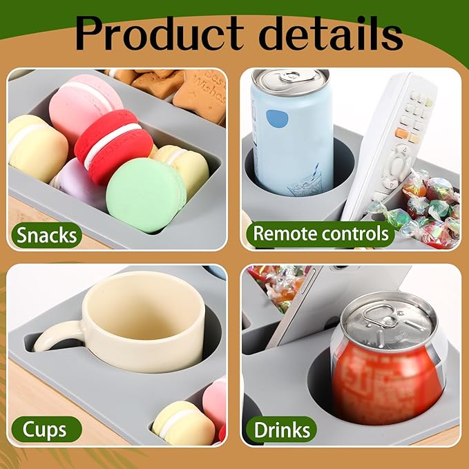 Yerliker Couch Cup Holder Tray, Silicone Lining Couch Caddy Waterproof Anti-spill Sofa Cup Holder for Bed Car Seat Organizer, Hold Mugs, Drinks, Snacks, Phones, Remotes(Rectangle,Grey,Bamboo)