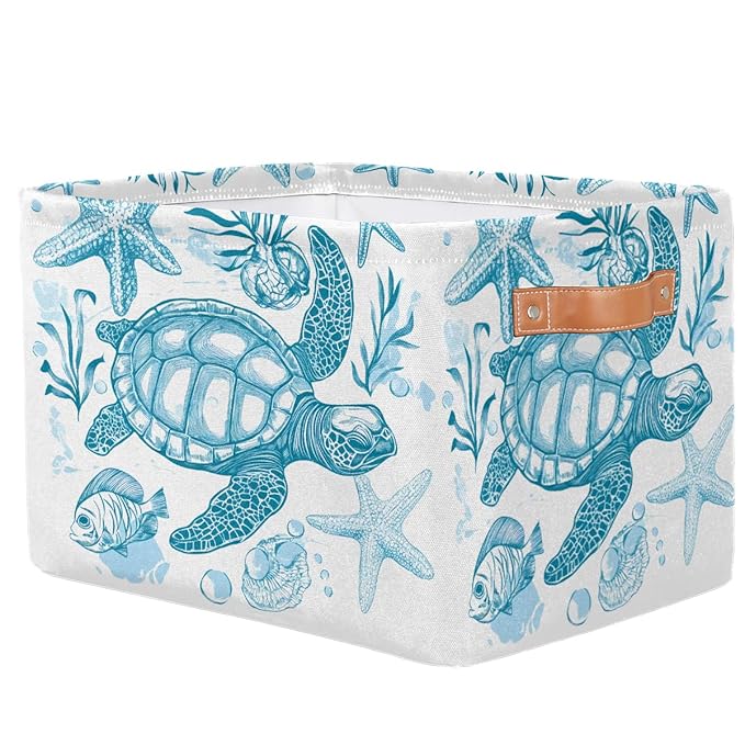 Sea Turtle Storage Baskets for Organizing, Fabric Collapsible Storage Bins Box Ocean Animal Fish Decorative Toy Organizer Baskets for Closet Shelves Gift Basket 1 Pc