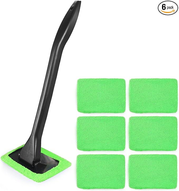 6PCS Windshield Cleaning Tool Car Window Cleaner with 5 Reusable and Washable Microfiber Pads and Extendable Handle Auto Inside Glass Wiper Kit Green (Green)