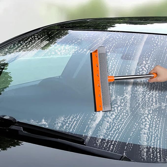Conliwell 2 in 1 Car Windshield Squeegees with 15.3"-23.6" Retractable Stainless Steel Handle, Auto Glass Wiper Kit, Supplies Suitable for Trucks, SUVs, RVs Window, Orange