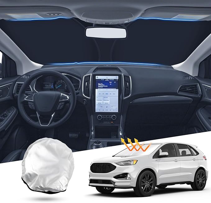 T TGBROS Windshield Sun Shade Custom Fit for 2015-2023 2024 Ford Edge Accessories Foldable Sun Shield Reflective Polyester Sun Visor Cover Block Heat and Sun Protection