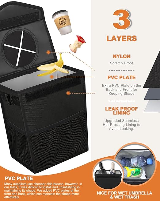 Car Trash Can with Lid, Cute Leakproof Car Trash Garbage Bag Hanging Vehicle Trash Bin Small Portable Automotive Garbage Cans Organizer for Back/Front Seat/Console(Trapezoid,Black)