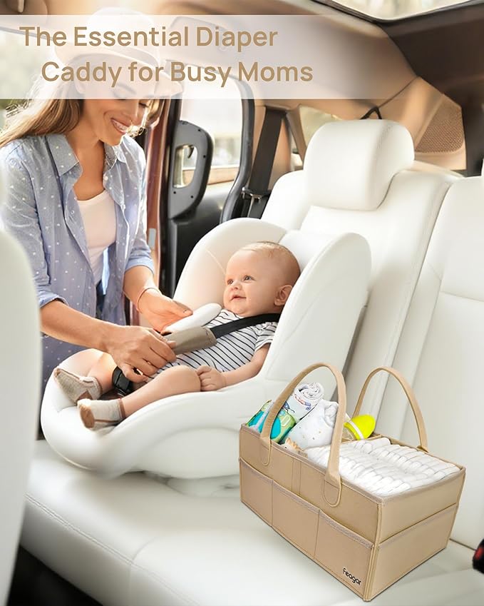Feagar Baby Diaper Caddy Organizer, 15 Inch Large 2 Pack Set with 8 Pockets & 2 Dividers, Portable Nursery Storage Basket & Car Organizer for Changing Table, Travel (Khaki)