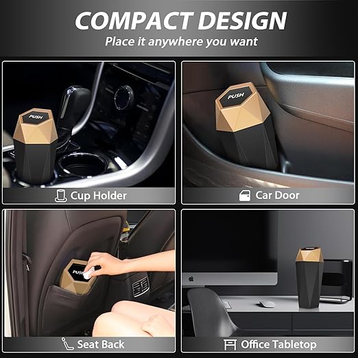 Car Cup Holder Trash Can, Car Trash Can with Lid, Mini Portable Trash Bin for Cars, Small Automatic Garbage Bin, Leakproof Cup Holder Trash Bin for Auto,Home,Office, Car Accessories (2, Gold)