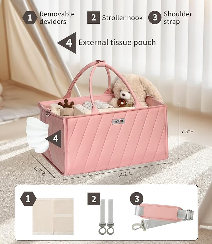 Pink Diaper Caddy Organizer – Portable Storage Basket with Shoulder Strap & Stroller Hooks, Splashproof Quilted Nursery & Car Tote for Baby Girl Shower Gift, Baby Registry, Blush Pink