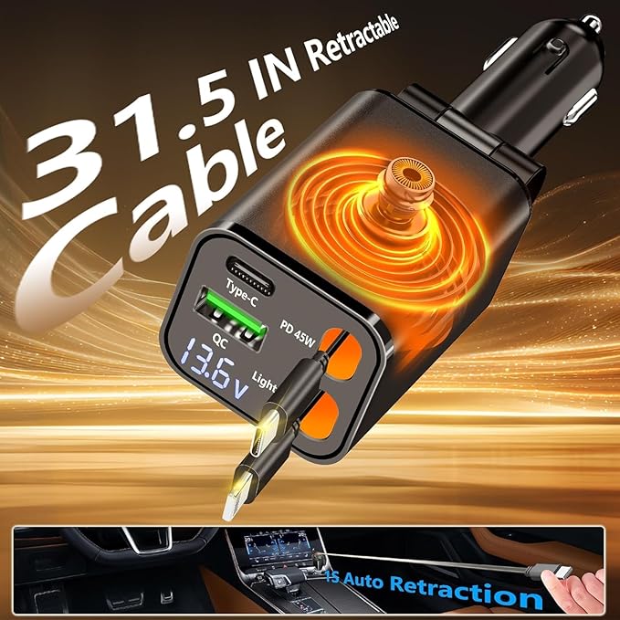 Retractable Car Charger, 120W 4-in-1 USB-C & Lightning Fast Charge Car Phone Charger, Dual Retractable Cable for iPhone 17/16/15/14/13/12 Samsung Travel Essentials Gifts for Women Men