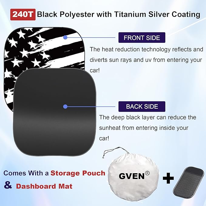 Gven Windshield Sun Shade for Car 2-Piece Foldable Sunshade for Front Windows, Blocks UV Rays, Automotive Interior Sun Protection Car Summer Accessories（US Flag,S）