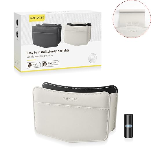 Car Trash Can Small Leather Vehicle Trash Bin Car Dustbin Garbage Organizer Holder with Trash Bag Foldable Mini Cars Storage Bag Container for Auto SUV Van Trucks (White,Glovebox Hanging)