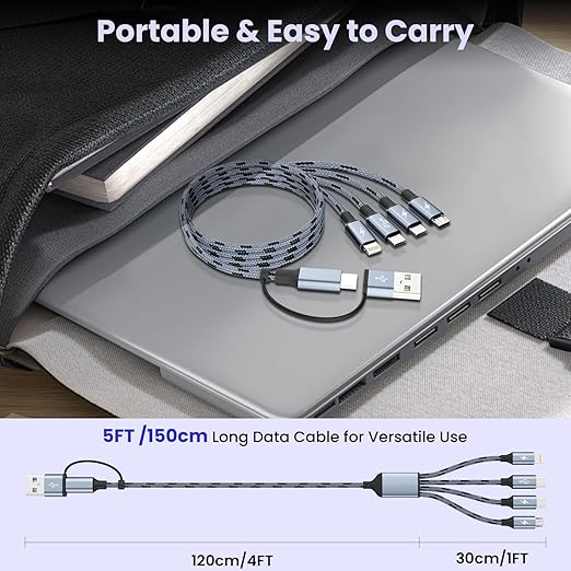 4 in 2 USB A/C to Multi Charging Cable, Travel Charger Cord for All Devices with Dual Type-C/IP/Micro, Universal Multiple Charging Cord for iPhone17-8/Android/Car/Office/Home (2Packs 5FT)