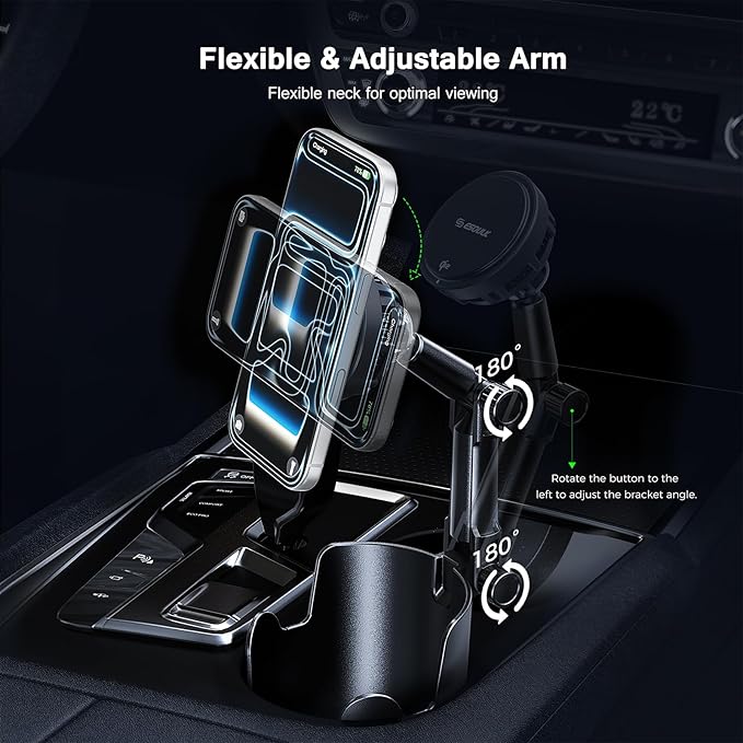 Esoulk [2026 Upgraded] Qi2 25W Fast Wireless Car Charger with Cooling Fan, Cup Holder Phone Mount with Adjustable Long Arm, Magnetic Fast Charging Holder for iPhone & Android
