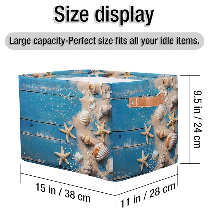 Blue Wooden Board Storage Baskets for Organizing, Fabric Collapsible Storage Bins Box Seashells Decorative Toy Organizer Baskets for Closet Shelves Gift Basket 2Pcs