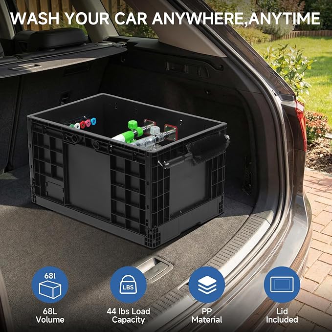 Wash and Garage Organizer Box, Foldable Plastic Crates for Foam Cannon with 1/4 Inch Quick Connector, Large Detail Car Care Box, Trunk Organizer for SUVS Sedans