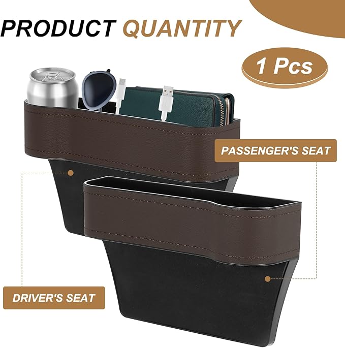 HARFINGTON Car Seat Gap Filler Organizer 10.2 x 6.5 x 3.1 Inch ABS+Leather Universal Car Organizer Storage Box Between Seat and Console (Right) with Cup Holders for Phone Keys, Brown