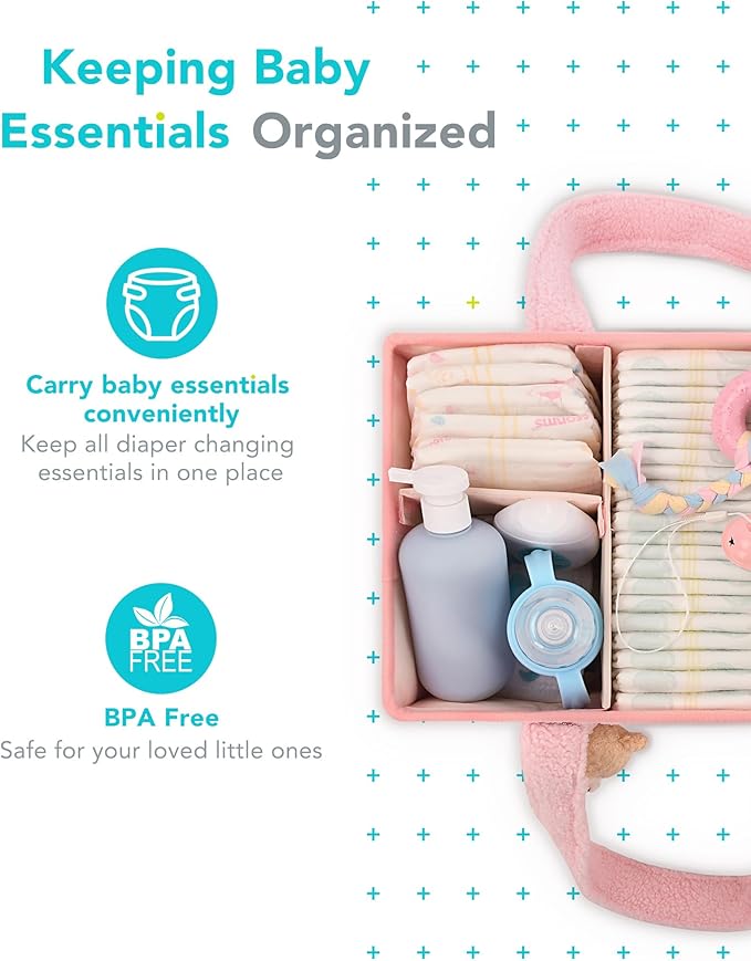 YOSING Cute and Playful Pink Diaper Caddy Organizer, 13 Compartments, Adjustable, Baby Diaper Caddy for Car, Changing Table, Nursery Storage, Car Organizer for Diapers and Baby Wipes