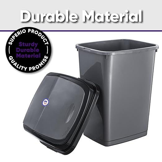 Superio Kitchen Trash Can 13 Gallon with Swing Lid, Plastic Tall Garbage Can Outdoor and Indoor, Large 52 Qt Recycle Bin and Waste Basket for Home, Office, Garage, Patio, Restaraunt (Grey/Black)