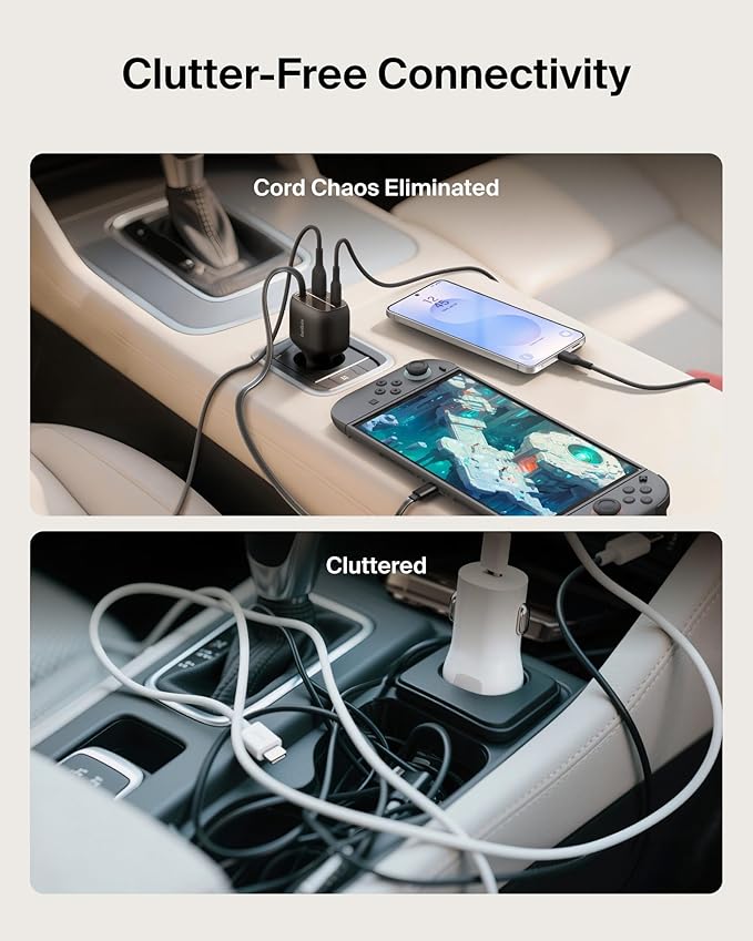 Belkin USB C Car Charger 75W w/ 30in USB C Retractable Charger, Compatible with iPhone 17 & 16 Series, Galaxy S25 Series, AirPods, Tablet, MacBook, Chromebook