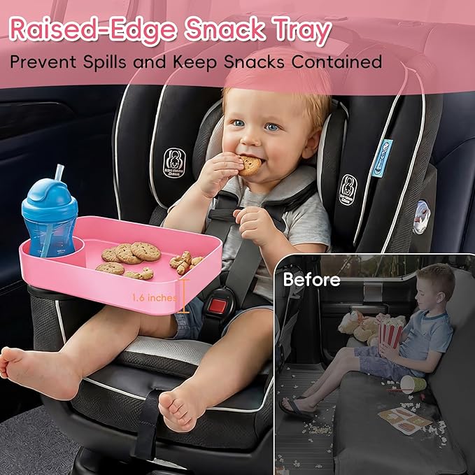 Kids Car Seat Tray, Travel Tray with Cup Holder for Toddler Baby, Kids Car Seat Food Snack Organizer for Road Trip, Stroller Snack Organizer Travel Must Haves Toddler Must Haves (Pink, 1 Pack)
