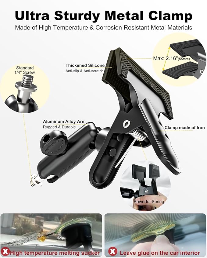 Sun Visor Car Phone Mount, Upgraded Durable All Metal - Cell Phone Holder for Car Visor, 360° Adjustable Steering Wheel Clip for iPhone 16 15 14 13 Pro Max, Glalaxy S A Serie, Z Flip,4-7" Phone