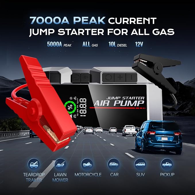 7000A Car Jump Starter with Air Compressor, 35000mAh Portable Car Battery Charger, Jump Starter Battery Pack (All Gas/10.0L Diesel), 150PSI Tire Inflator, 70 Starts 12V Auto Battery Booster