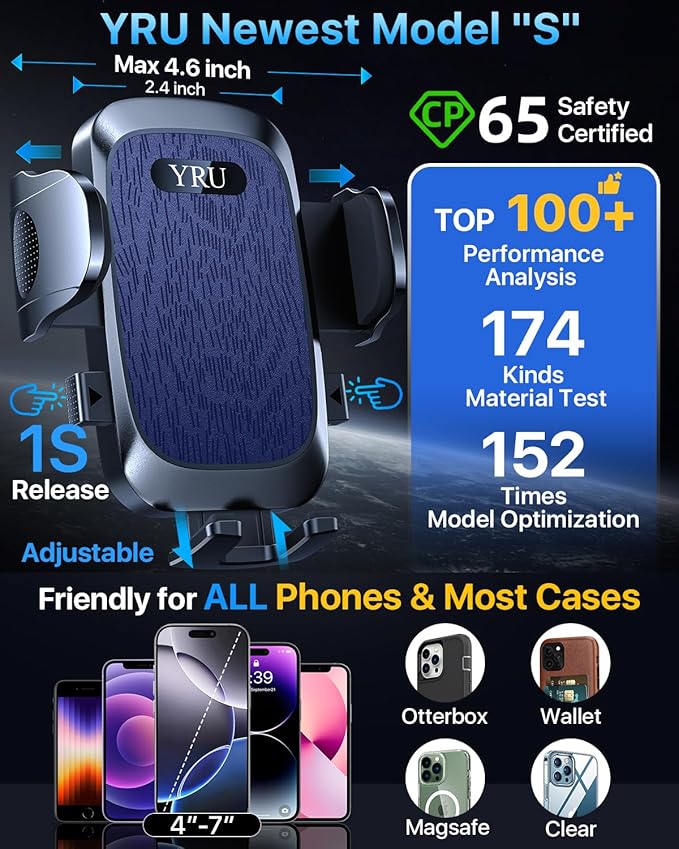 YRU [2026 Ultimate Car Phone Holder Mount [Bendable & Adjustable Aluminum Arm] Cell Phone Holder for Car Dashboard Windshield Phone Stand for iPhone 17 16 15 14 Pro Max Samsung Pickup Truck, Dark Blue