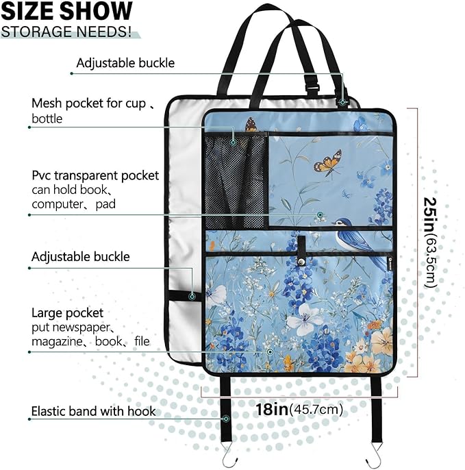 Light Blue Floral Bluebonnet Butterflies 2 Pack Backseat Car Organizer with Storage Pockets Seat Back Organizers for Kids Kick Mats Backseat Protector Automotive
