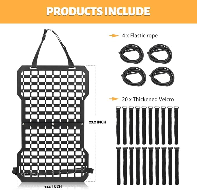 MAIKER Rigid Molle Panels For Vehicles Truck Mount Rack Panel Tactical Seat Back Organizer Adjustable Versatile Panel with Hook and Loop Fasteners & Elastic Rope for Storage Gears Accessories, Black