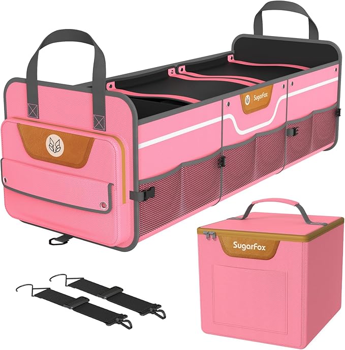 Car Trunk Organizer for SUV, Heavy Duty Waterproof Trunk Organizer, Foldable Collapsible Car Organizer with Cooler, Multi-Compartment Large Trunk Organizer (95L), Pink-M003
