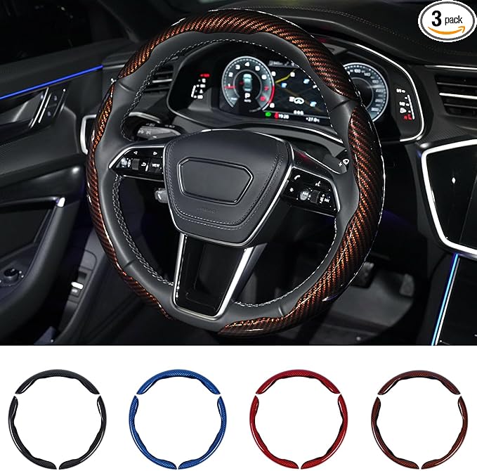 Hiseanllo Carbon Fiber Steering Wheel Cover 3PCS Set – Anti-Slip, Scratch-Resistant, Universal Fit for 14–16 Inch Wheels – Interior Car Accessories for Cars, SUVs, Trucks (Brown)