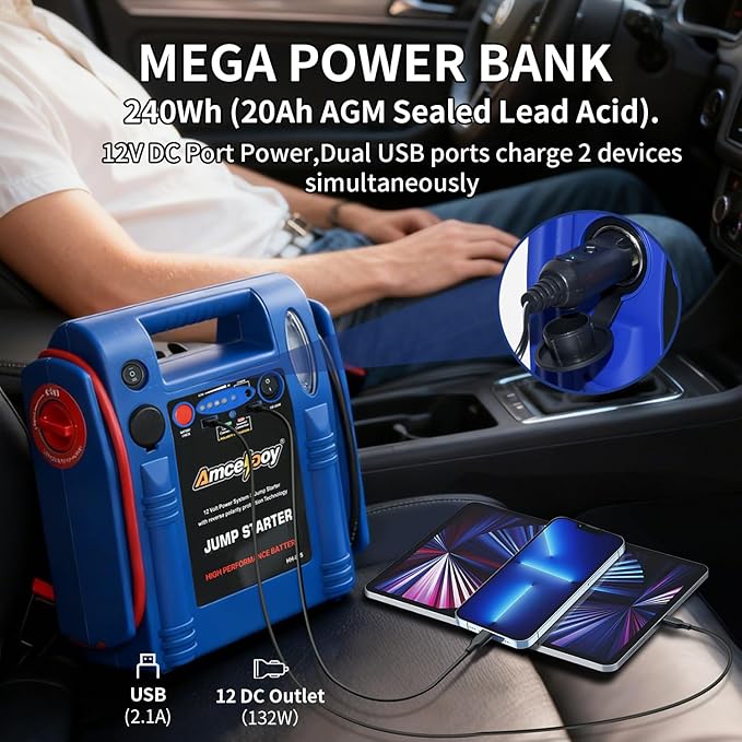 2000 Peak Amp Car Battery Jump Starter, 12V Booster for Up to 8.0L Gas & 8.0L Diesel Engines, Portable Jump Box with LED Light, USB & DC Ports