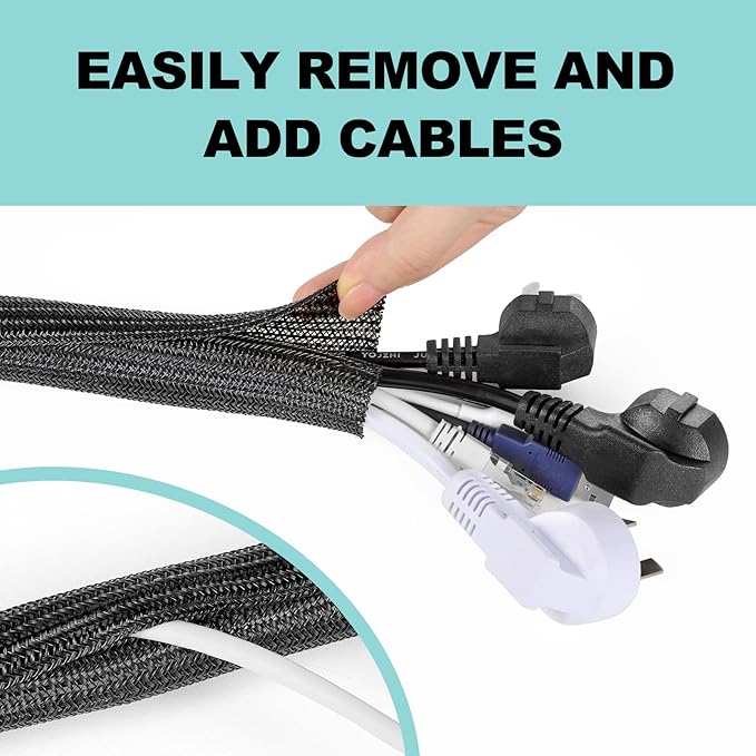 AGPTEK Cable Sleeve, 6.6ft - 1.2 inch Cable Management, Desk Cord Cover Organizer Wire Hider for Home Office Computer TV Wire Loom Tubing, Pet Proof Cord Protector from Cat Dog Chewing, Black