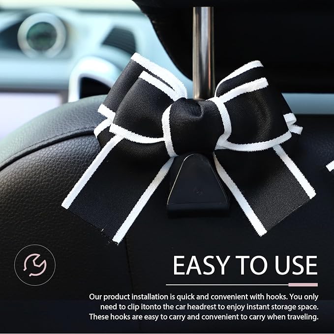 2PCS Car Seat Headrest Hooks, Car Purse Hooks, Cute Bow Shaped Auto Rear Seat Storage Hook Hanger for Purses and Bags, Auto Interior Decoration Accessory for SUV Sedan Truck (Black-White)