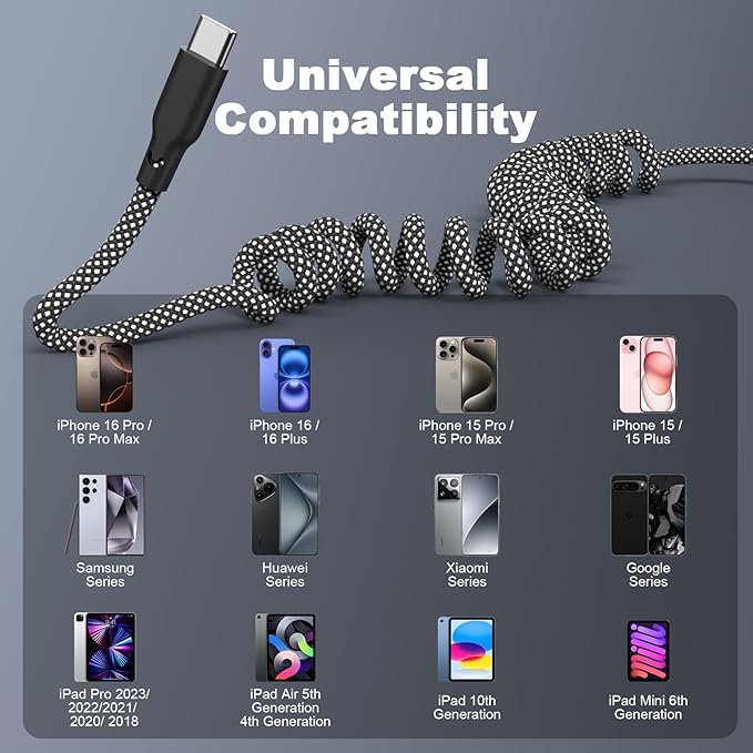 Coiled Carplay Car Charger Fast Charging，[2-Pack, 3ft] Retractable Braid USB A to USB C Cable for iPhone 17/17 Air/16/15/Plus/Pro Max/MacBook Pro, USB C Cord,Grey