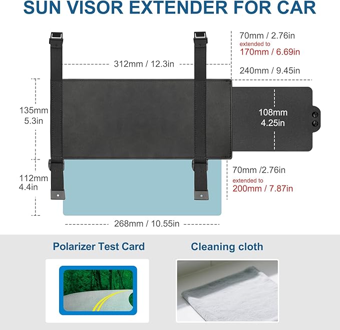 Veharvim Sun Visor Extender for Car (Polarized, UV400, PC Lens, Side Sunshade, Straps&Adjusters), Car Visor Extender Sun Blocker, Visor Extender Attachment, Anti-Glare for Safe Driving(Driver Side)