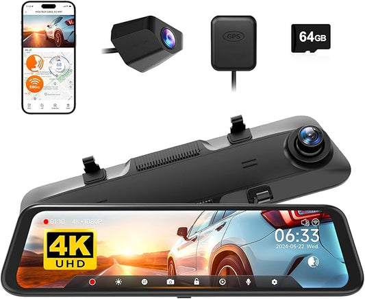 WOLFBOX G850 12" 4K Rear View Mirror Camera with 5.8GHz WiFi and Voice Control, Smart Mirror Dash Cam Front and Rear, Backup Camera with 1080P, Dash Cam with WDR, Includes 64GB Card & GPS