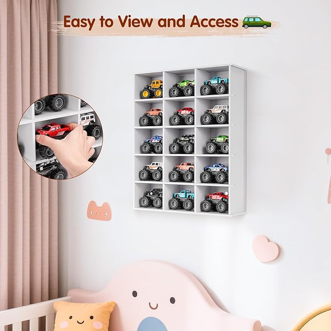 Trucks Display Shelf, 15 Slot Toy Cars Display Case, Wall Mounted Toy Truck Storage Organizer Holder