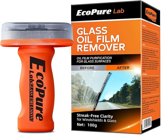 Glass Oil Film Remover for Car Windshield,Glass Emulsion Cleaner with Handle,Removes Oil Film,Exhaust Residue & Water Spots,Enhances Driving Clarity,3.53 oz（2PCS）