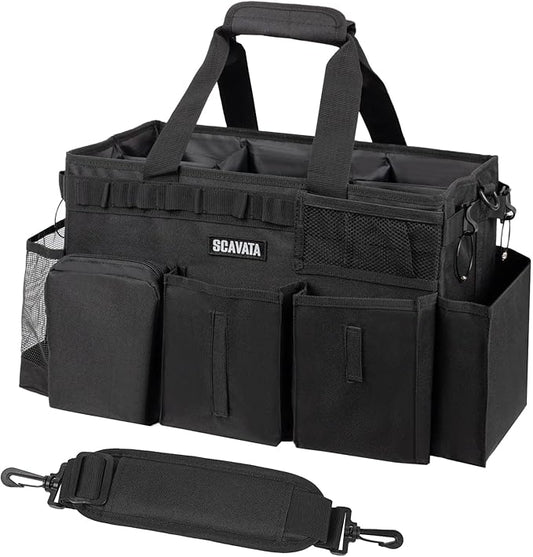 Wearable Cleaning Caddy Bag, Supplies Organizer with Handle & Shoulder Straps for Housekeepers, Under Sink & Car Cleaning Tool Organizer with 4 Foldable Dividers (Black)