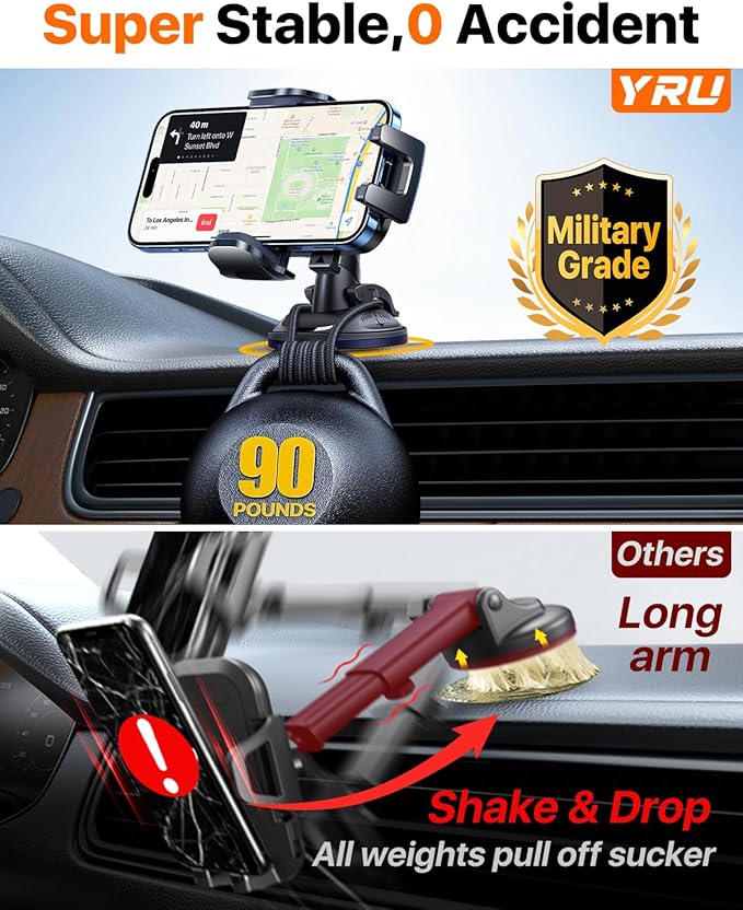 [Military-Grade Anti-Shake & 360° Rotatable Suction] 2026 Upgraded Car Phone Holder Mount【90+LBS Safest Strongest & Patent Cert】Dashboard Windshield Vent for iPhone 17 16 Pro Max Samsung, Jet Black