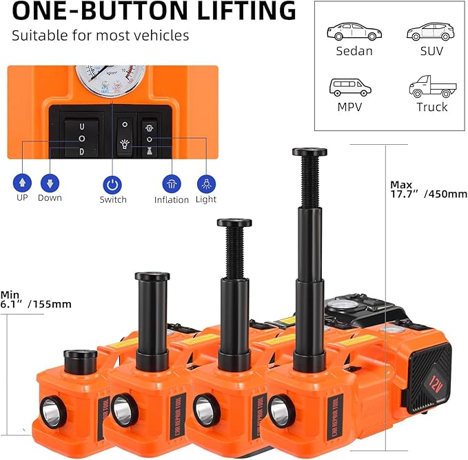 5 Ton 12V Electric Car Jack Hydraulic, 5-in-1 Portable Car Jack with Tire Inflator & Impact Wrench, LED Light Auto Stop Safety Lock for SUV MPV, Garage & Roadside Emergency Use